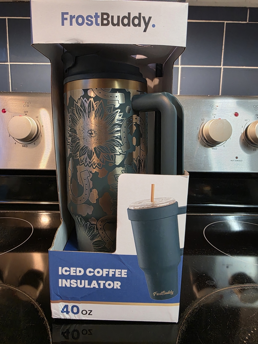 Custom Engraved Frost Buddy 40 Thicc Emerald Elegance Cow, Sunflower & Horseshoe